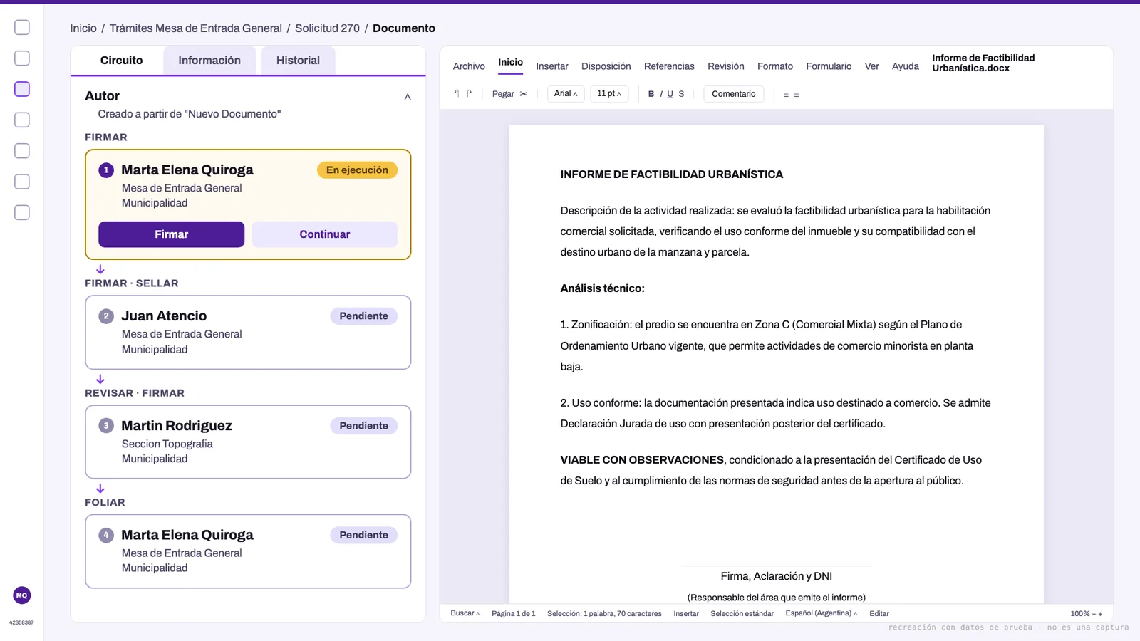 Documento de un trámite en Selex con su circuito de firma y el editor integrado