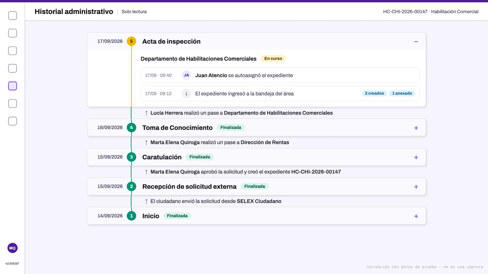Historial administrativo de un expediente en Selex: actividades finalizadas en verde, la actividad en curso en amarillo y los pases entre áreas